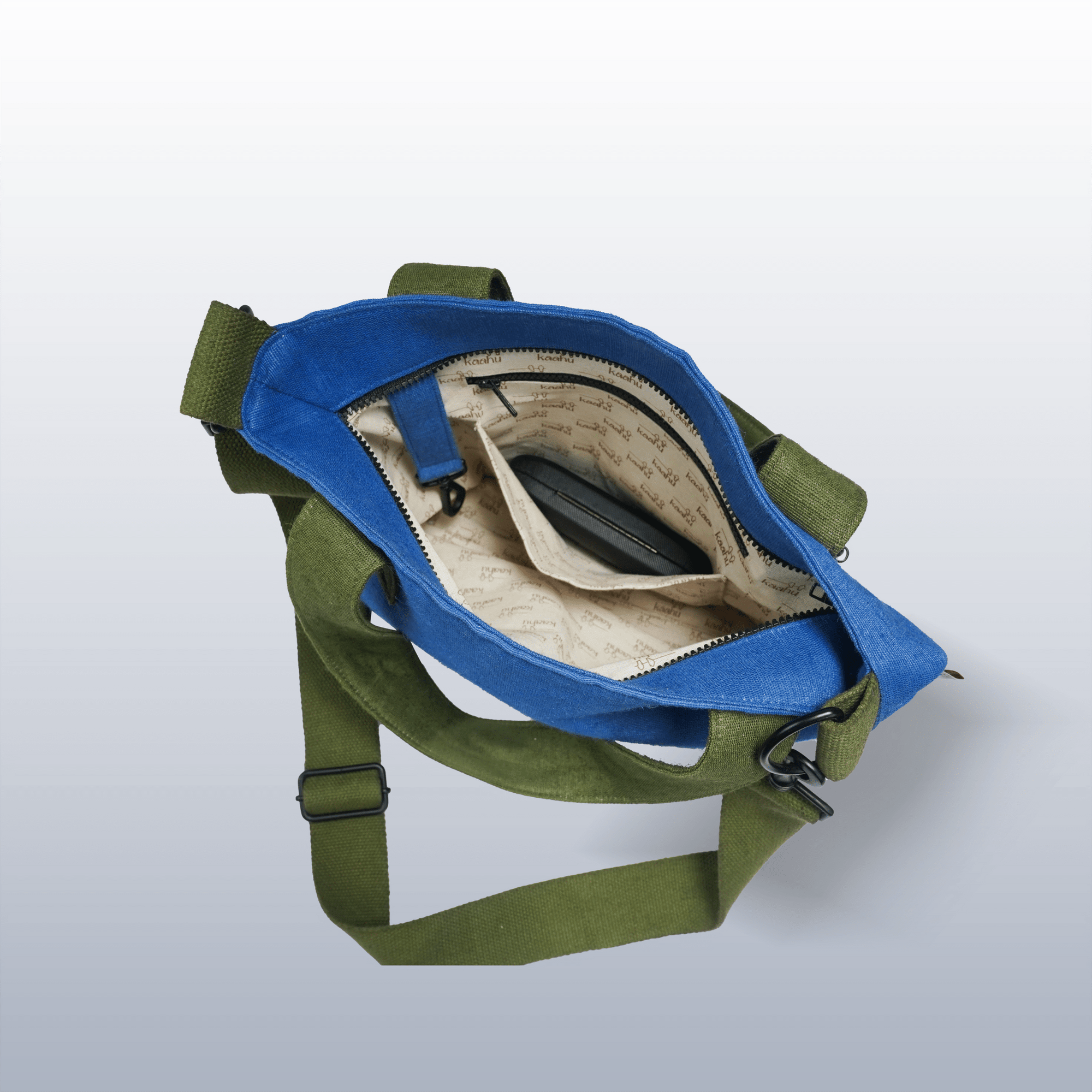 Guiding Glow Messenger Bag - Kaahu, organic cotton, sustainable bag, inside bag zip and pockets
PDP label: TOP VIEW