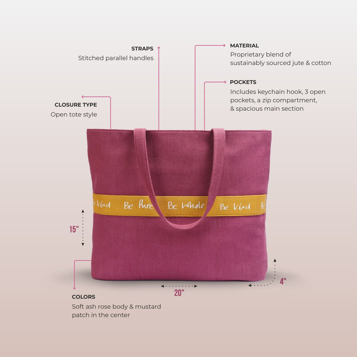 Purely Rose Tote - Kaahu
PDP label: DIMENSIONS